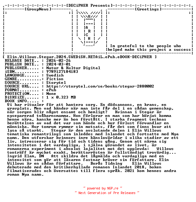 NFO for the release Elin.Willows.Stegar.2024.SWEDiSH.RETAiL.ePub.eBOOK-DECiPHER by DECiPHER