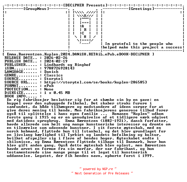 NFO for the release Emma.Baerentzen.Kuplen.2024.DANiSH.RETAiL.ePub.eBOOK-DECiPHER by DECiPHER
