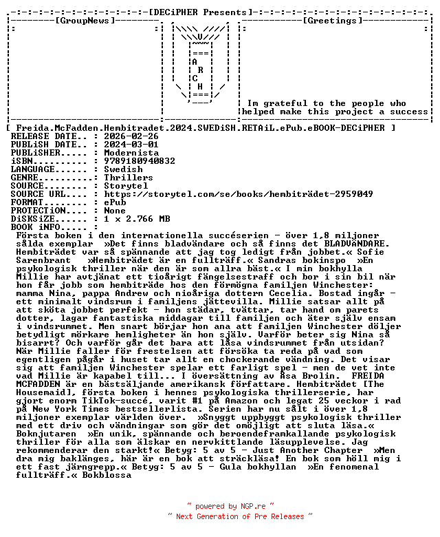 NFO for the release Freida.McFadden.Hembitradet.2024.SWEDiSH.RETAiL.ePub.eBOOK-DECiPHER by DECiPHER