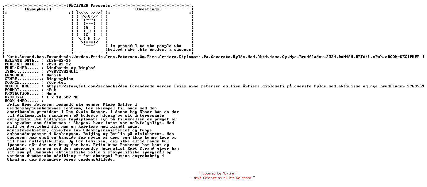NFO for the release Kurt.Strand.Den.Forandrede.Verden.Friis.Arne.Petersen.Om.Fire.Artiers.Diplomati.Pa.Oeverste.Hylde.Med.Aktivisme.Og.Nye.Brudflader.2024.DANiSH.RETAiL.ePub.eBOOK-DECiPHER by DECiPHER