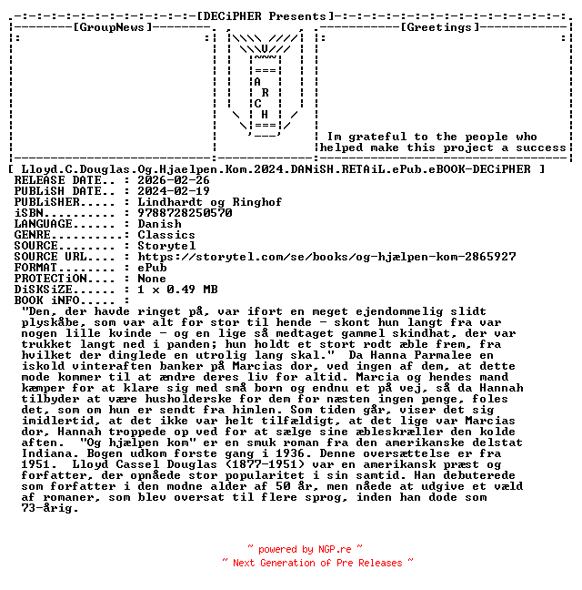 NFO for the release Lloyd.C.Douglas.Og.Hjaelpen.Kom.2024.DANiSH.RETAiL.ePub.eBOOK-DECiPHER by DECiPHER