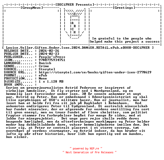 NFO for the release Louise.Voller.Giften.Under.Isen.2024.DANiSH.RETAiL.ePub.eBOOK-DECiPHER by DECiPHER
