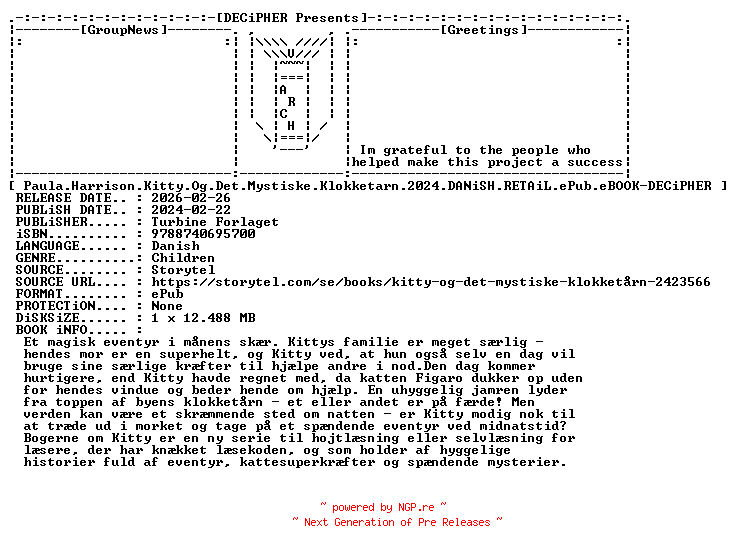 NFO for the release Paula.Harrison.Kitty.Og.Det.Mystiske.Klokketarn.2024.DANiSH.RETAiL.ePub.eBOOK-DECiPHER by DECiPHER