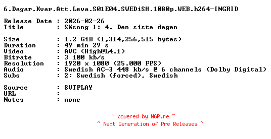 NFO for the release 6.Dagar.Kvar.Att.Leva.S01E04.SWEDiSH.1080p.WEB.h264-INGRID by INGRID