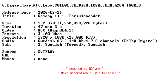 NFO for the release 6.Dagar.Kvar.Att.Leva.S01E01.SWEDiSH.1080p.WEB.h264-INGRID by INGRID
