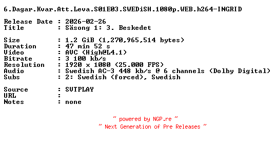 NFO for the release 6.Dagar.Kvar.Att.Leva.S01E03.SWEDiSH.1080p.WEB.h264-INGRID by INGRID