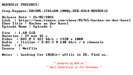 NFO for the release Crap.Happens.S01E05.iTALiAN.1080p.WEB.H264-NEUROSiS by NEUROSiS