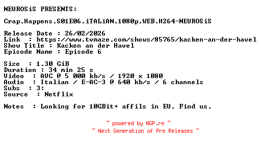 NFO for the release Crap.Happens.S01E06.iTALiAN.1080p.WEB.H264-NEUROSiS by NEUROSiS