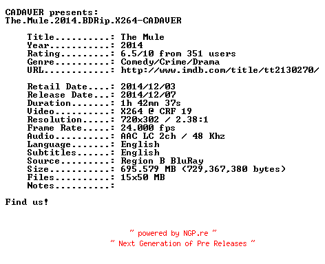 NFO for the release The.Mule.2014.BDRip.X264-CADAVER by CADAVER
