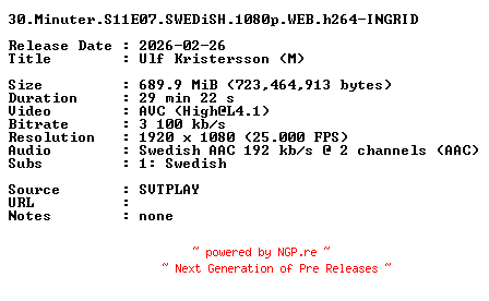NFO for the release 30.Minuter.S11E07.SWEDiSH.1080p.WEB.h264-INGRID by INGRID