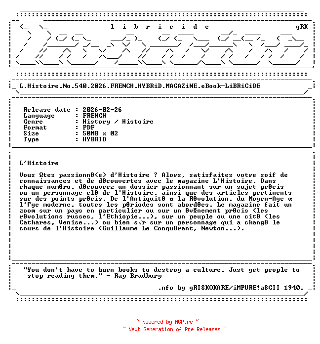 NFO for the release L.Histoire.No.540.2026.FRENCH.HYBRiD.MAGAZiNE.eBook-LiBRiCiDE by LiBRiCiDE