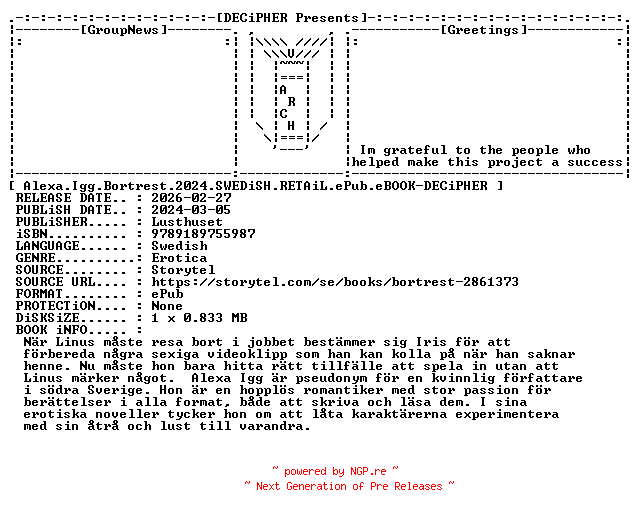 NFO for the release Alexa.Igg.Bortrest.2024.SWEDiSH.RETAiL.ePub.eBOOK-DECiPHER by DECiPHER