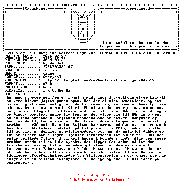 NFO for the release Cilla.Og.Rolf.Borjlind.Nattens.Oeje.2024.DANiSH.RETAiL.ePub.eBOOK-DECiPHER by DECiPHER