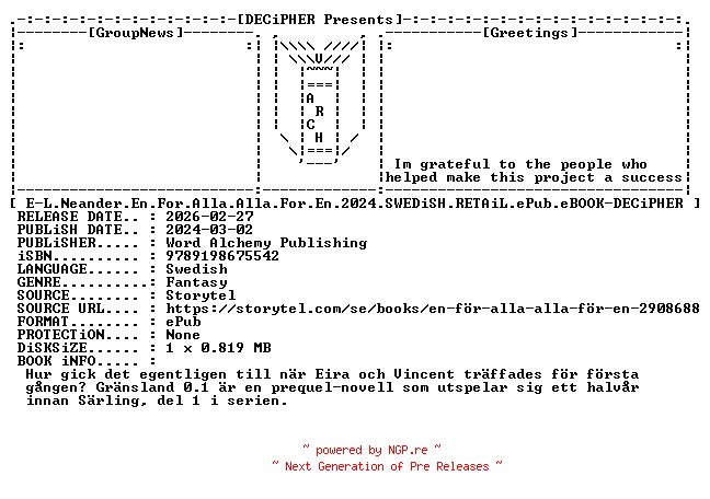 NFO for the release E.L.Neander.En.For.Alla.Alla.For.En.2024.SWEDiSH.RETAiL.ePub.eBOOK-DECiPHER by DECiPHER