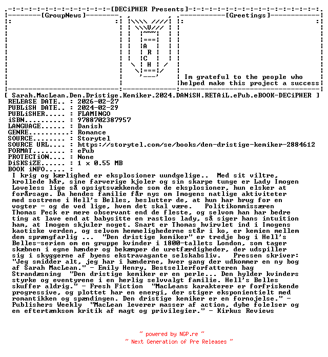 NFO for the release Sarah.MacLean.Den.Dristige.Kemiker.2024.DANiSH.RETAiL.ePub.eBOOK-DECiPHER by DECiPHER
