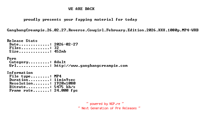 NFO for the release GangbangCreampie.26.02.27.Reverse.Cowgirl.February.Edition.2026.XXX.1080p.MP4-WRB by WRB