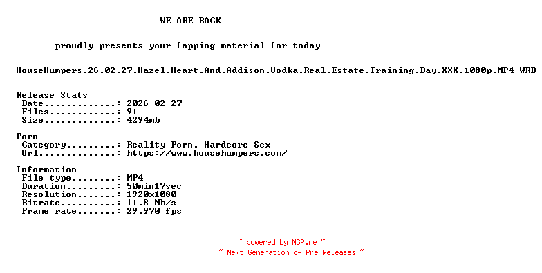 NFO for the release HouseHumpers.26.02.27.Hazel.Heart.And.Addison.Vodka.Real.Estate.Training.Day.XXX.1080p.MP4-WRB by WRB