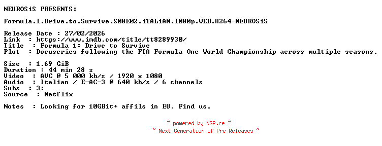 NFO for the release Formula.1.Drive.to.Survive.S08E02.iTALiAN.1080p.WEB.H264-NEUROSiS by NEUROSiS