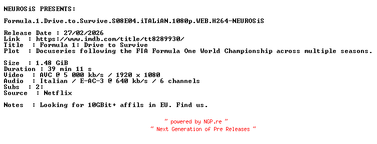 NFO for the release Formula.1.Drive.to.Survive.S08E04.iTALiAN.1080p.WEB.H264-NEUROSiS by NEUROSiS