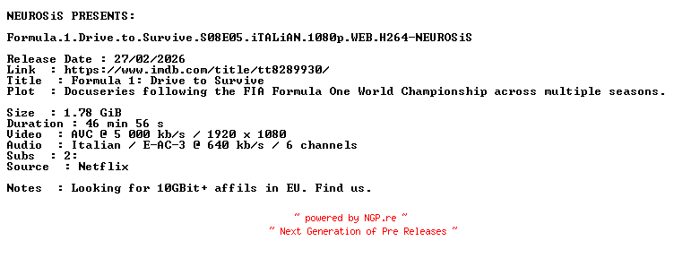 NFO for the release Formula.1.Drive.to.Survive.S08E05.iTALiAN.1080p.WEB.H264-NEUROSiS by NEUROSiS
