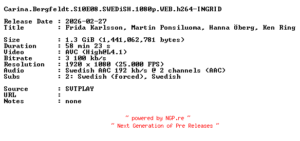 NFO for the release Carina.Bergfeldt.S10E08.SWEDiSH.1080p.WEB.h264-INGRID by INGRID