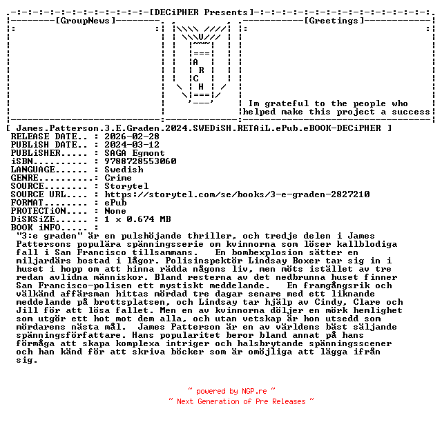 NFO for the release James.Patterson.3.E.Graden.2024.SWEDiSH.RETAiL.ePub.eBOOK-DECiPHER by DECiPHER