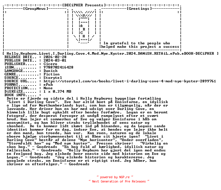 NFO for the release Holly.Hepburn.Livet.I.Darling.Cove.4.Mod.Nye.Kyster.2024.DANiSH.RETAiL.ePub.eBOOK-DECiPHER by DECiPHER