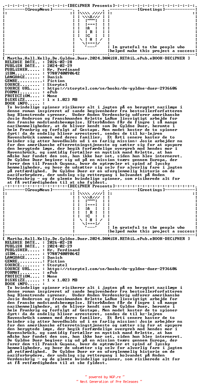 NFO for the release Martha.Hall.Kelly.De.Gyldne.Duer.2024.DANiSH.RETAiL.ePub.eBOOK-DECiPHER by DECiPHER