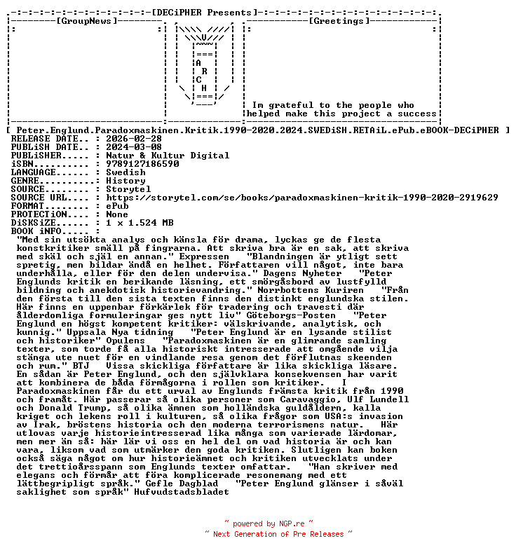 NFO for the release Peter.Englund.Paradoxmaskinen.Kritik.1990-2020.2024.SWEDiSH.RETAiL.ePub.eBOOK-DECiPHER by DECiPHER