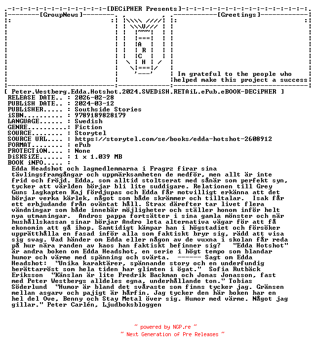 NFO for the release Peter.Westberg.Edda.Hotshot.2024.SWEDiSH.RETAiL.ePub.eBOOK-DECiPHER by DECiPHER