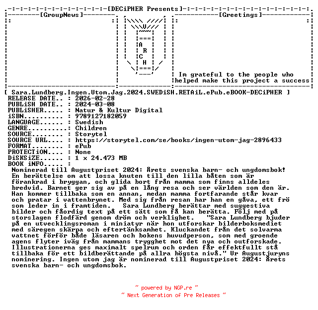 NFO for the release Sara.Lundberg.Ingen.Utom.Jag.2024.SWEDiSH.RETAiL.ePub.eBOOK-DECiPHER by DECiPHER