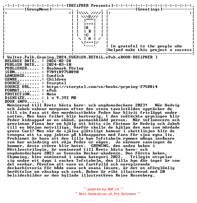 NFO for the release Walter.Falk.Gryning.2024.SWEDiSH.RETAiL.ePub.eBOOK-DECiPHER by DECiPHER