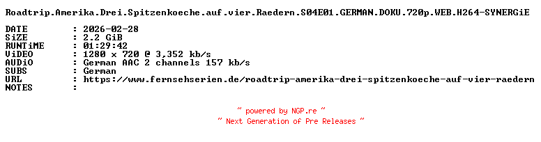 NFO for the release Roadtrip.Amerika.Drei.Spitzenkoeche.auf.vier.Raedern.S04E01.GERMAN.DOKU.720p.WEB.H264-SYNERGiE by SYNERGiE