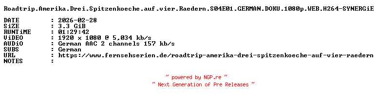NFO for the release Roadtrip.Amerika.Drei.Spitzenkoeche.auf.vier.Raedern.S04E01.GERMAN.DOKU.1080p.WEB.H264-SYNERGiE by SYNERGiE