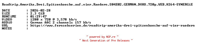 NFO for the release Roadtrip.Amerika.Drei.Spitzenkoeche.auf.vier.Raedern.S04E02.GERMAN.DOKU.720p.WEB.H264-SYNERGiE by SYNERGiE