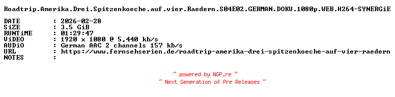 NFO for the release Roadtrip.Amerika.Drei.Spitzenkoeche.auf.vier.Raedern.S04E02.GERMAN.DOKU.1080p.WEB.H264-SYNERGiE by SYNERGiE
