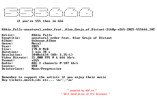 NFO for the release Abbie_Falls-unnatural_order_feat._Alan_Grnja_of_Distant-2160p-x265-2025-555666_INT by 555666_INT