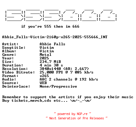 NFO for the release Abbie_Falls-Victim-2160p-x265-2025-555666_INT by 555666_INT
