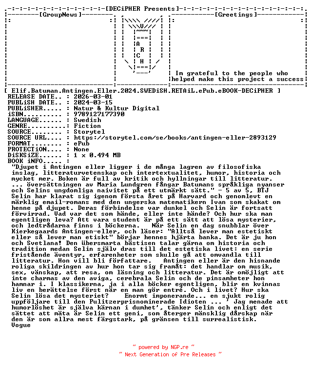 NFO for the release Elif.Batuman.Antingen.Eller.2024.SWEDiSH.RETAiL.ePub.eBOOK-DECiPHER by DECiPHER