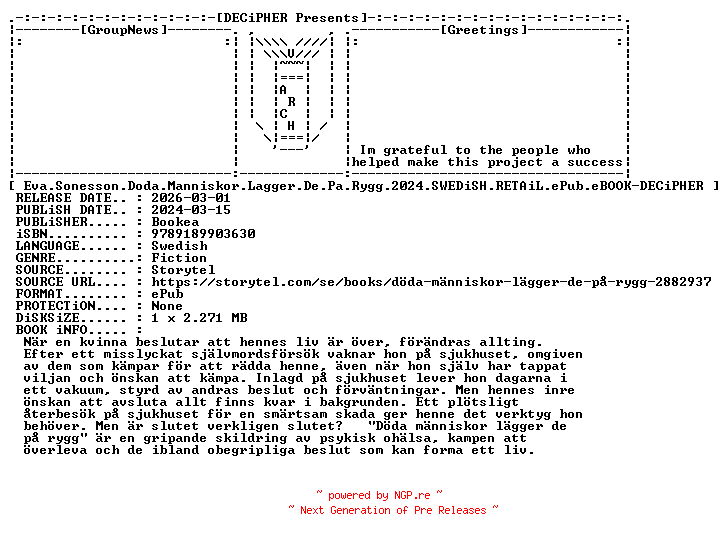 NFO for the release Eva.Sonesson.Doda.Manniskor.Lagger.De.Pa.Rygg.2024.SWEDiSH.RETAiL.ePub.eBOOK-DECiPHER by DECiPHER