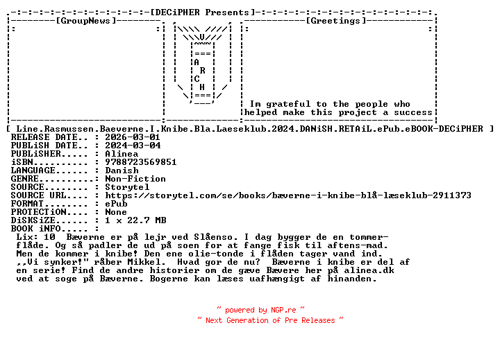 NFO for the release Line.Rasmussen.Baeverne.I.Knibe.Bla.Laeseklub.2024.DANiSH.RETAiL.ePub.eBOOK-DECiPHER by DECiPHER
