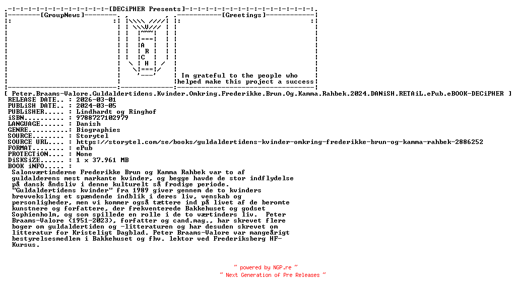 NFO for the release Peter.Braams.Valore.Guldaldertidens.Kvinder.Omkring.Frederikke.Brun.Og.Kamma.Rahbek.2024.DANiSH.RETAiL.ePub.eBOOK-DECiPHER by DECiPHER