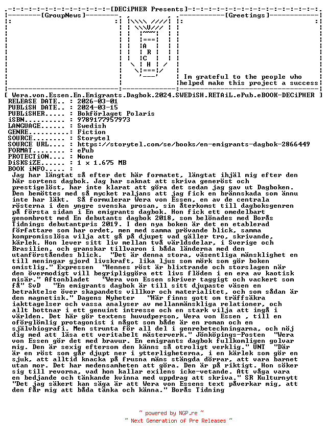 NFO for the release Wera.Von.Essen.En.Emigrants.Dagbok.2024.SWEDiSH.RETAiL.ePub.eBOOK-DECiPHER by DECiPHER