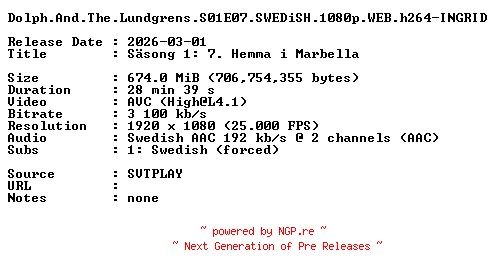 NFO for the release Dolph.And.The.Lundgrens.S01E07.SWEDiSH.1080p.WEB.h264-INGRID by INGRID