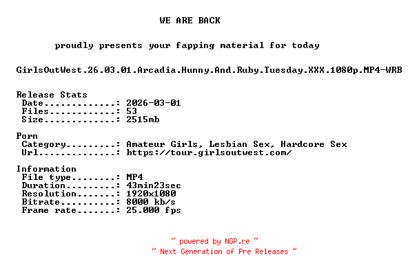NFO for the release GirlsOutWest.26.03.01.Arcadia.Hunny.And.Ruby.Tuesday.XXX.1080p.MP4-WRB by WRB