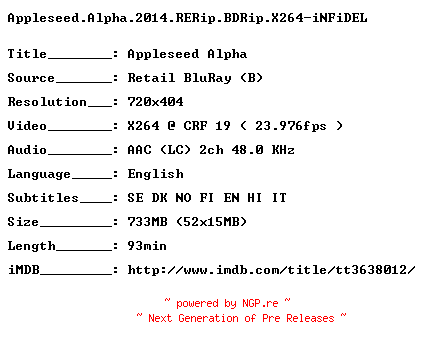 NFO for the release Appleseed.Alpha.2014.RERip.BDRip.X264-iNFiDEL by iNFiDEL