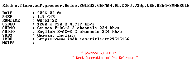NFO for the release Kleine.Tiere.auf.grosser.Reise.S01E02.GERMAN.DL.DOKU.720p.WEB.H264-SYNERGiE by SYNERGiE