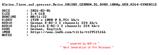 NFO for the release Kleine.Tiere.auf.grosser.Reise.S01E02.GERMAN.DL.DOKU.1080p.WEB.H264-SYNERGiE by SYNERGiE