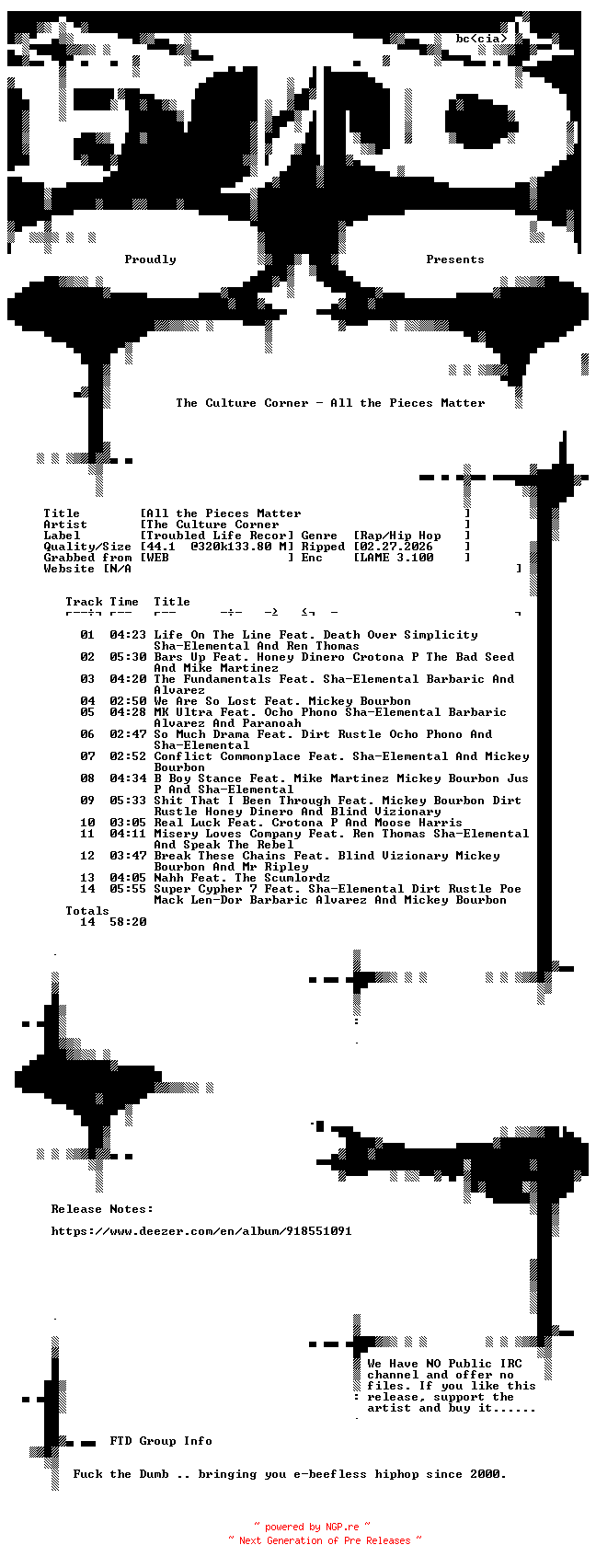 NFO for the release The_Culture_Corner-All_the_Pieces_Matter-WEB-2026-FTD by FTD