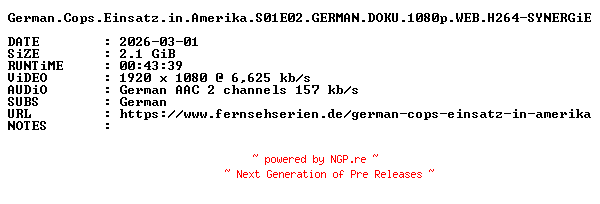 NFO for the release German.Cops.Einsatz.in.Amerika.S01E02.GERMAN.DOKU.1080p.WEB.H264-SYNERGiE by SYNERGiE